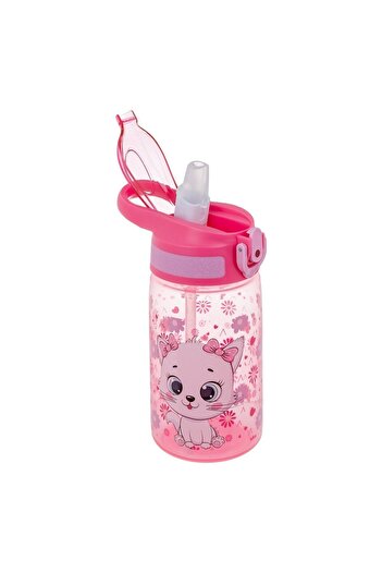 Micostore Children's Water Bottle, Bottle With Straw And Handle, 500 Ml, Pink Kitty, Pop Up, For School And Kindergarten