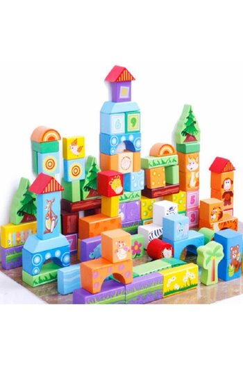 Micostore Set 100 Cuburi Constructie Din Lemn, Cute Animals, Beilaluna Toys, Animale