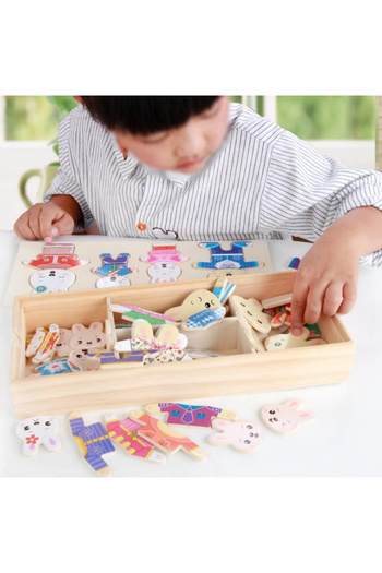 Micostore Dress Up the Bunny Family, Wooden Puzzle, Matching and Association Game