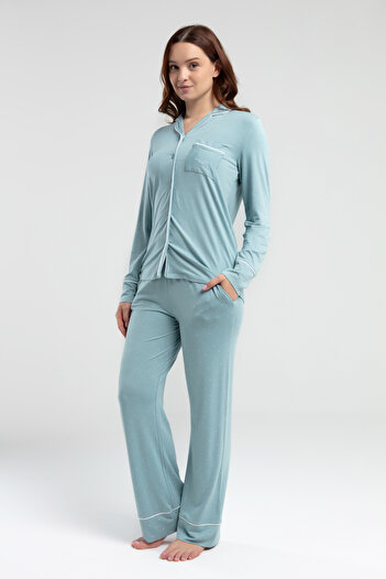 Pierre Cardin Shirt Pajama Set - Patterned Bias Long Sleeve Women's Mixed Style 1 Kş 1 Room