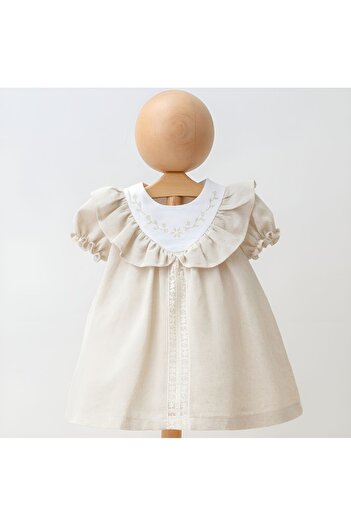 Mymio Girl's Embroidered Collar Detailed Elastic Watermelon Sleeve Lined Linen Dress