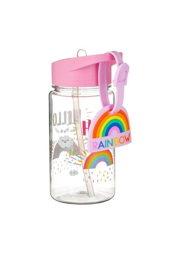 Micostore Children's Water Bottle With Straw, Pink, Rainbow With Rainbow Label, 440 Ml, Pop Up, School And Kindergarten