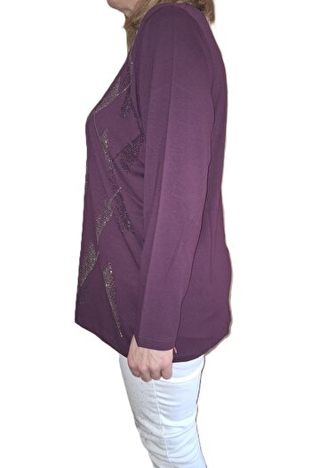 HaiModa Women's Mother Combed Cotton Blouse Large Size Front Stone Long Sleeve U-Neck