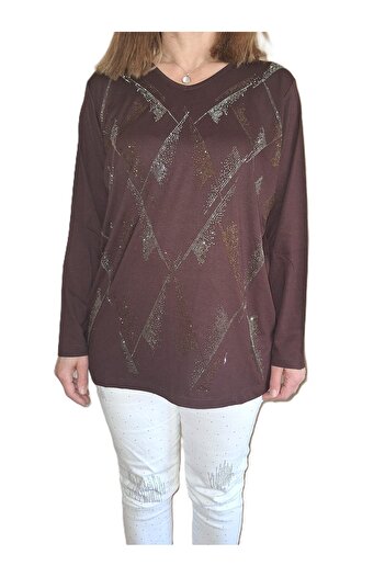 HaiModa Women's Mother Combed Cotton Blouse Large Size Front Stone Long Sleeve U-Neck