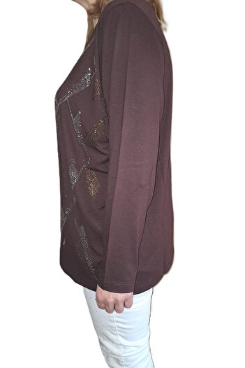 HaiModa Women's Mother Combed Cotton Blouse Large Size Front Stone Long Sleeve U-Neck
