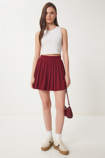 Lovelyİstanbul Fusta mini țesută plisată ROȘU Claret LNS0022
