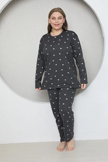 FAMES PİJAMA Plus Size Long Sleeve Seasonal Heart Patterned Pajama Set