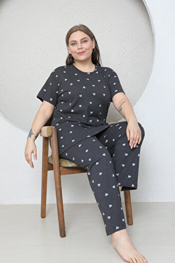 FAMES PİJAMA Plus Size Gray Small Heart Patterned Pajama Set