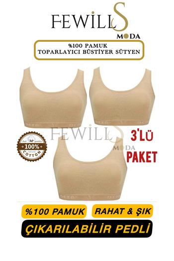 FEWİLLS MODA 100% Cotton Pack of 3 Stylish and Comfortable Removable Padded Women's Recovery Bustier Brush
