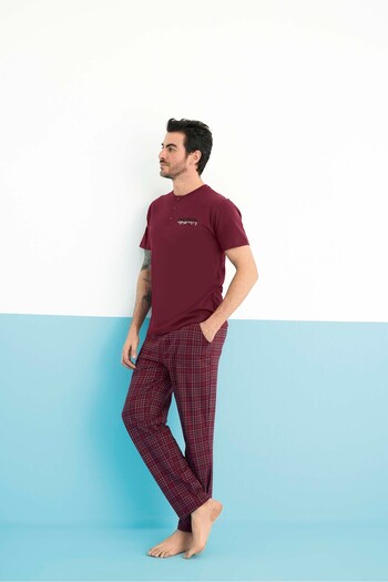 Aydoğan Men's Short Sleeve Plaid Pajamas Set Lodos Store Burgundy