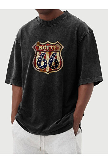 PENTHİLUS Route 66 Printed Tie Dye T-Shirt Round Neck Short Sleeve Casual