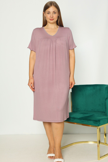 İntensive Pink Lace Lycra Short Sleeve Plus Size Nightgown