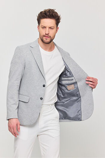 Frappoli 3115 Erkek Gri Esnek Likralı Pamuk Karışımlı Slim Fit İlkbahar-Yaz Spor Blazer Ceket