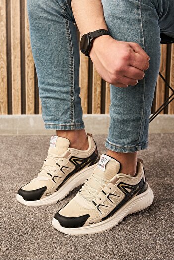 Nstil Günlük Erkek Bej Siyah Sneaker Fileli Bağcıklı Tırtık Kalın Taban Bilek Destek Spor Ayakkabı 4281