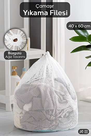 Meleni Home White 40X60 cm Drawstring Washing Net 1 Piece