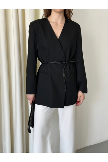 Laluvia Black Leather Rope Belt Jacket - 7454