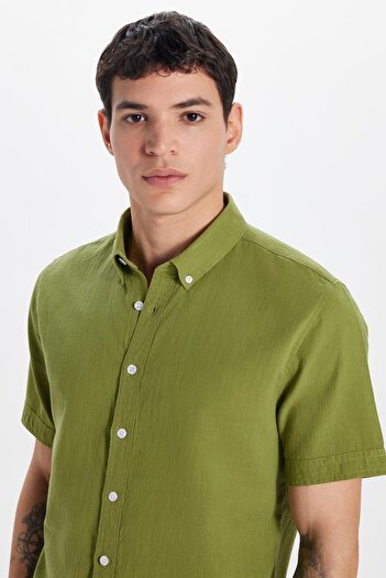 Tudors Men's Slim Fit Slim Fit Short Sleeve 100% Cotton Linen Texture Khaki Button Collar Shirt