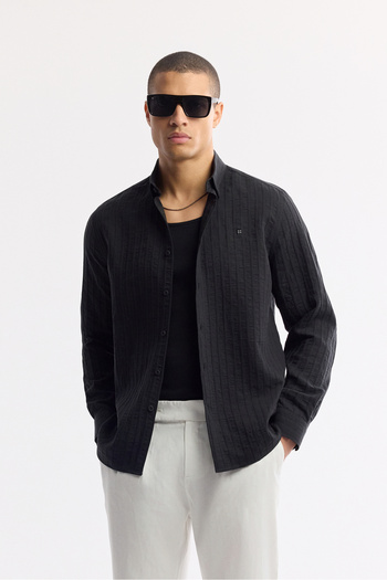 Avva Men's Comfort Fit Black Bottomed Britli Collar Striped Lyocell Shirt A51Y2012