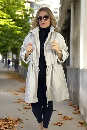 yagmurberen Removalable Hooded Foldable Sleeve Detail Bonded Fabric Extra Large Size Trench Coat