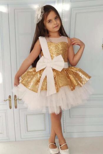 Riccotarz Girl's Gold Evening Dress with Bow Detail on the Front and Back, Sequin Embroidered Top and Tulle Hem