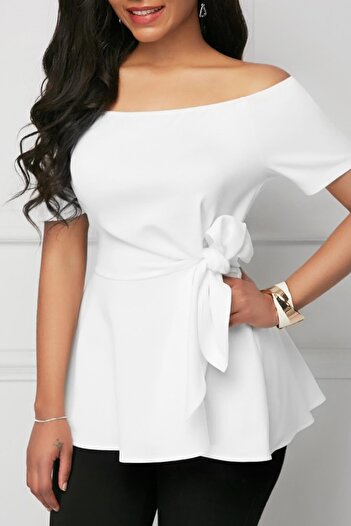 Deafox White Women's Short Sleeve Madonna Collar Side Tie Imported Crepe Blouse