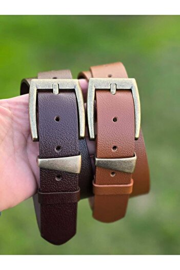 Kemerix 100% Genuine Leather Antique Finish Buckle 3.2 cm Tan-Bitter Brown Set of 2 Belts