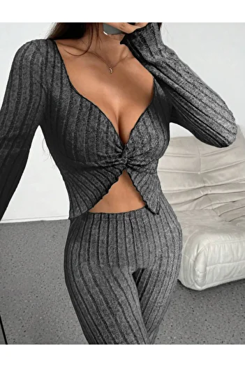 Marin Star Anthracite Heart Neck Blouse Bottom Top Set, Low-Cut over the Chest