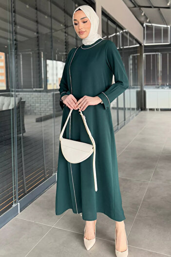 julude Emerald Green Women's Waist Belted Stone Embroidered Large Size Hijab Dress