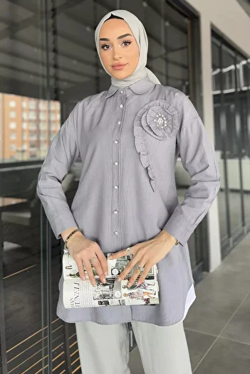 julude Gray Stone and Pearl Embroidered Hijab Tunic with Ruffle Detail