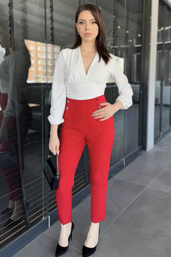 GÜLSELİ Red Large Size Women's Fabric Trousers with Elastic Waist
