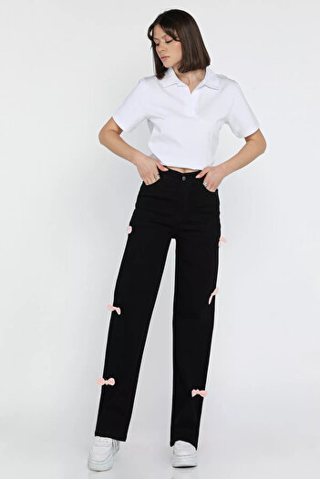 GÜLSELİ Black Bow Detailed High Waist Wide Leg Women's Jean Jeans