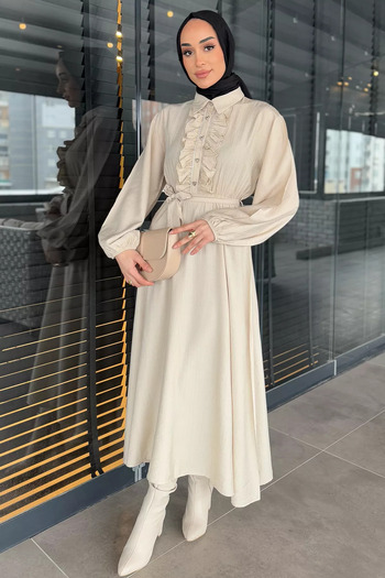julude Stone Collar Ruffle and Stone Detailed Waist Belted Women's Hijab Dress