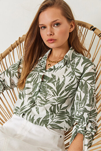 Bianco Lucci Women's Sleeve Folded Leaf Patterned Viscose Shirt 60261452