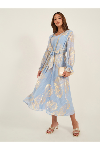 Keenly By Styli Textured Dobby Foil Print Front Tie-Up Jalabiya