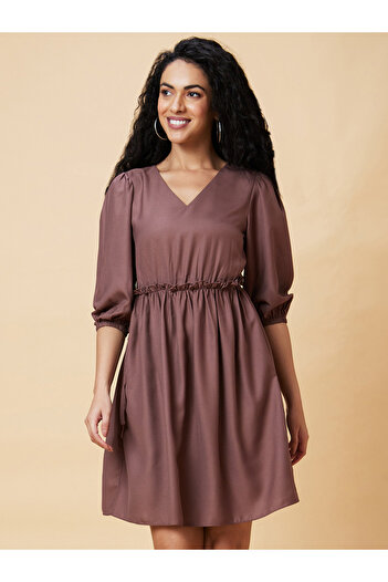 Globus By Styli Solid V-Neck Puff Sleeve A-Line Mini Dress