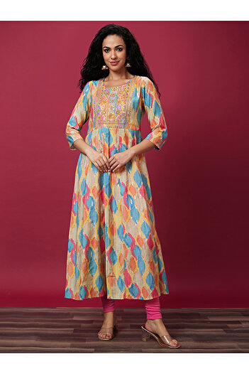 Globus By Styli Embroidered Printed Round Neck Anarkali Kurta