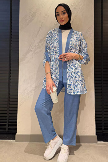 julude Indigo Patterned Sleeve Belt Detailed Kimono Blouse Trousers Hijab Triple Set