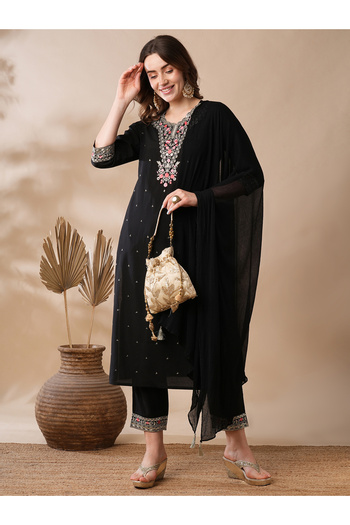 Globus By Styli Embroidered  Sequined Round Neck Kurta with Pants and Dupatta Set