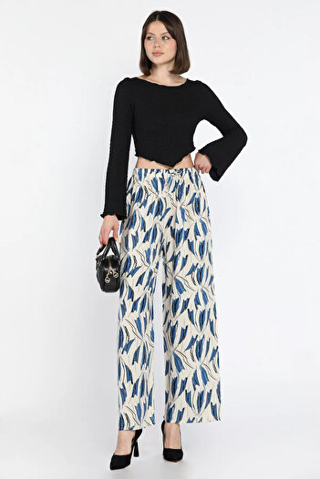 GÜLSELİ Creamy Blue Patterned Women's Viscose Walking Pants with Elastic Waist