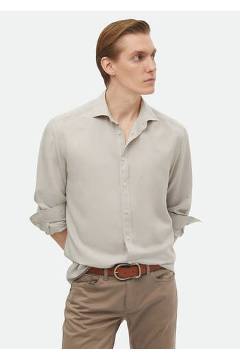 Ramsey Gray Linen BlenDeD Plain Regular Fit Casual Shirt