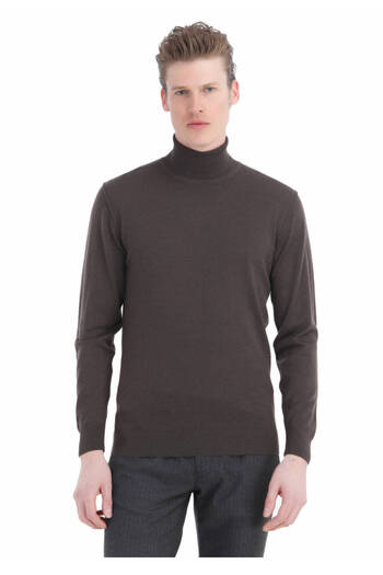Ramsey Brown Full Turtleneck Plain Knit 100% Wool Sweater