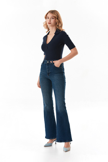Fulla Moda Buttoned Front Polo Neck Lycra Blouse