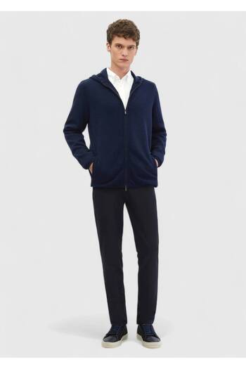 Ramsey Navy Blue Hooded Plain Knit 100% Wool Cardigan