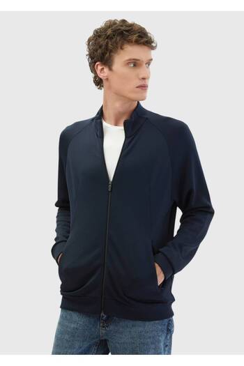Ramsey Navy Blue Stand Collar Plain Sweatshirt