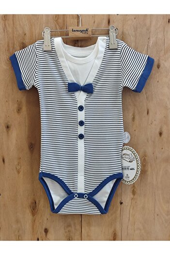 Tomuycuk Stylish Blue Striped Bow Tie Bodysuit for Baby Boy - Short Sleeve, 100% Cotton Summer Baby Bodysuit