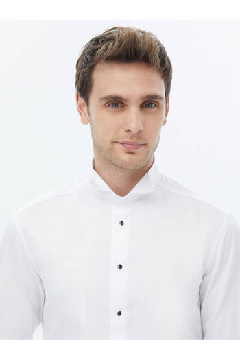 Kip White Plain Slim Fit Double Cuff Turtle Collar Tuxedo Shirt