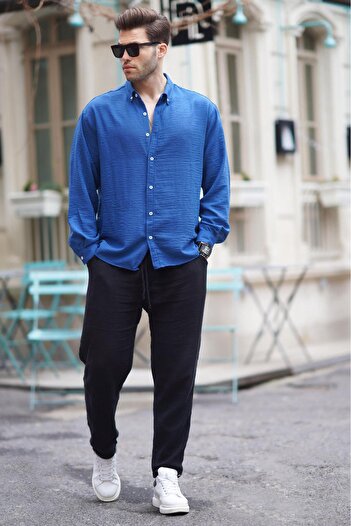 Madmext Μπλε μακρυμάνικο oversize ανδρικό πουκάμισο 6735