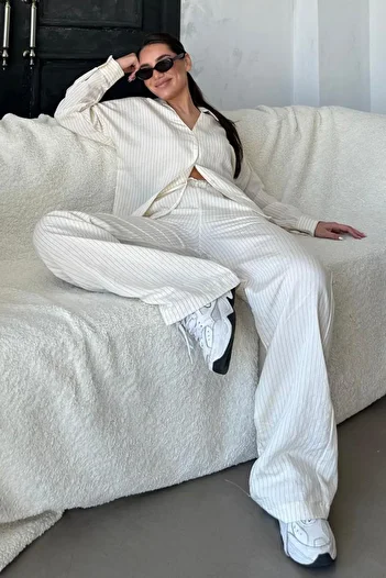 Madmext Ecru Long Sleeve Stripe Shirt and Pants Double Set Mg2329