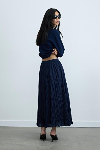 Suud Collection Navy Blue Donette Pleated Skirt