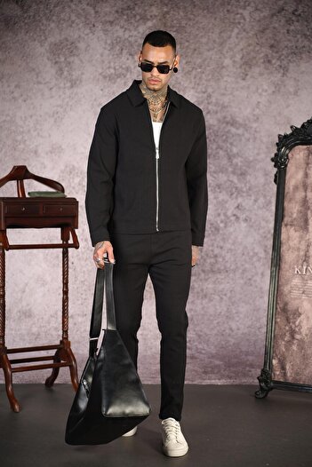 king brich Shirt Collar Zippered Linen Bottom Top Set